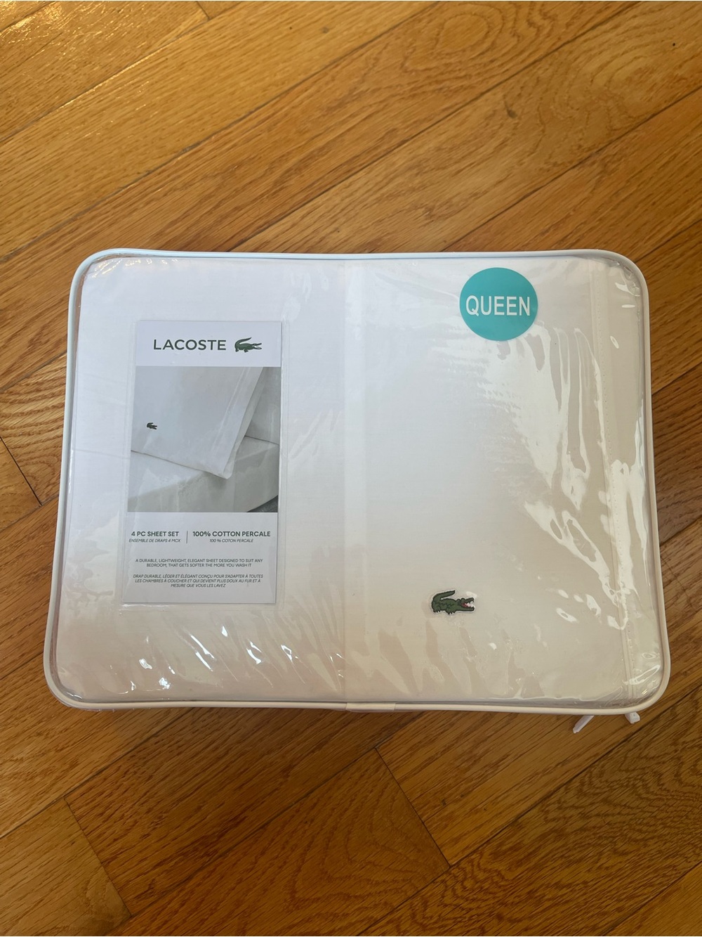 NWT Lacoste Queen White 100% Cotton Percale 4Pc Sheet Set Luxury Bedding